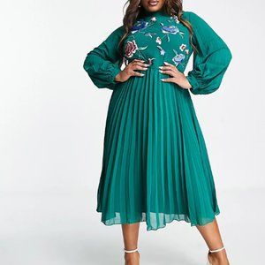 ASOS DESIGN Curve high neck pleated long sleeve skate midi dress with embroidery
